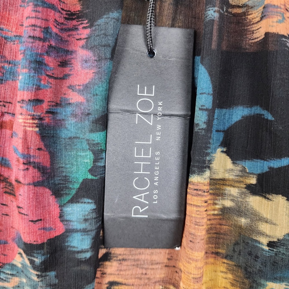 Rachel Zoe Blouse Womens Medium Multicolor Abstract Ruffle Neck Sheer Boho Top - Picture 4 of 11